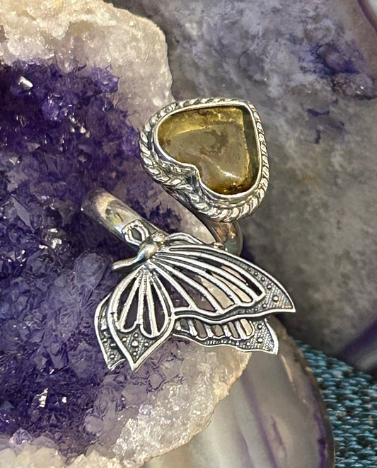 Sterling Silver Taxco Mexico Citrine Amber Heart & Butterfly Bypass Ring