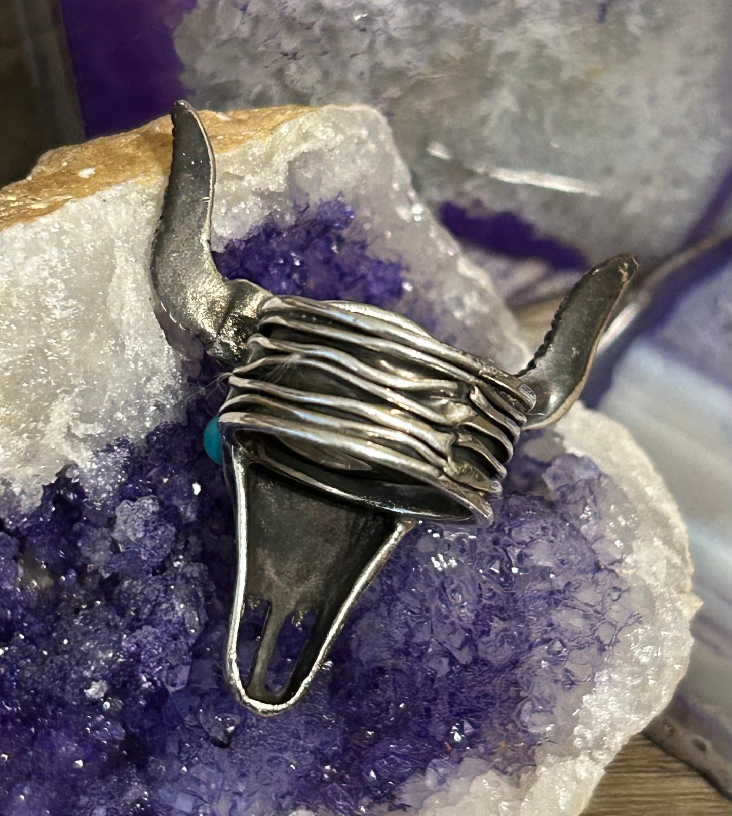 Sterling Silver Taxco Bull Skull Ring With Turquoise Size 9