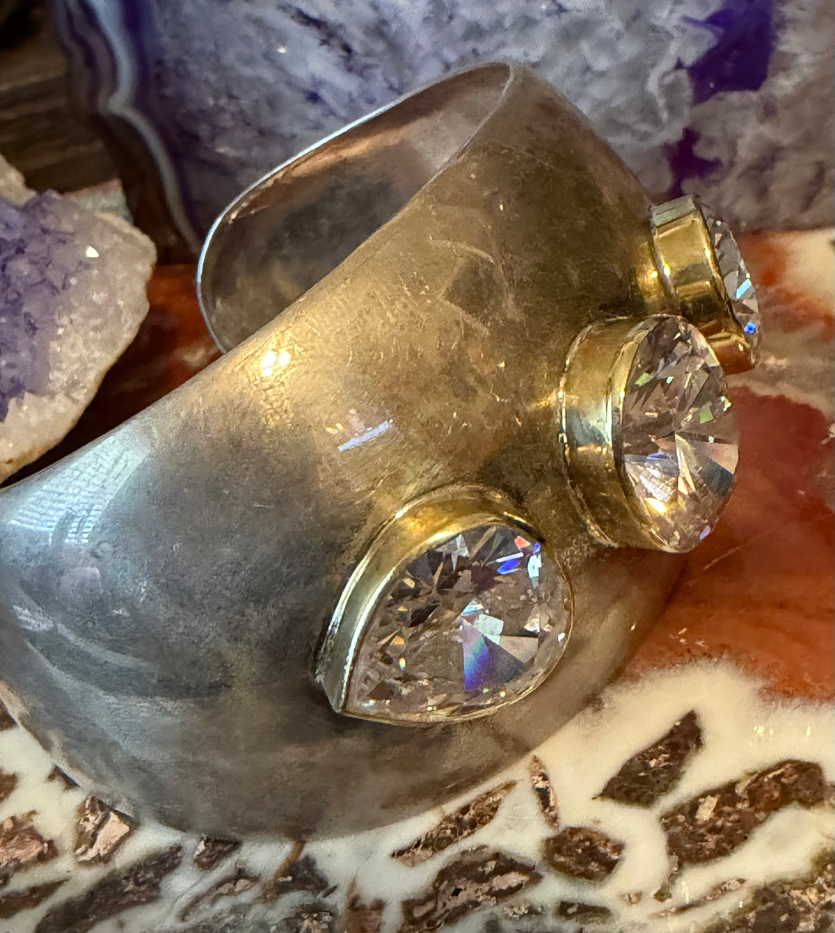 Vintage Sterling Silver Wide Modernist Cuff Bracelet W/ Clear CZ Stones