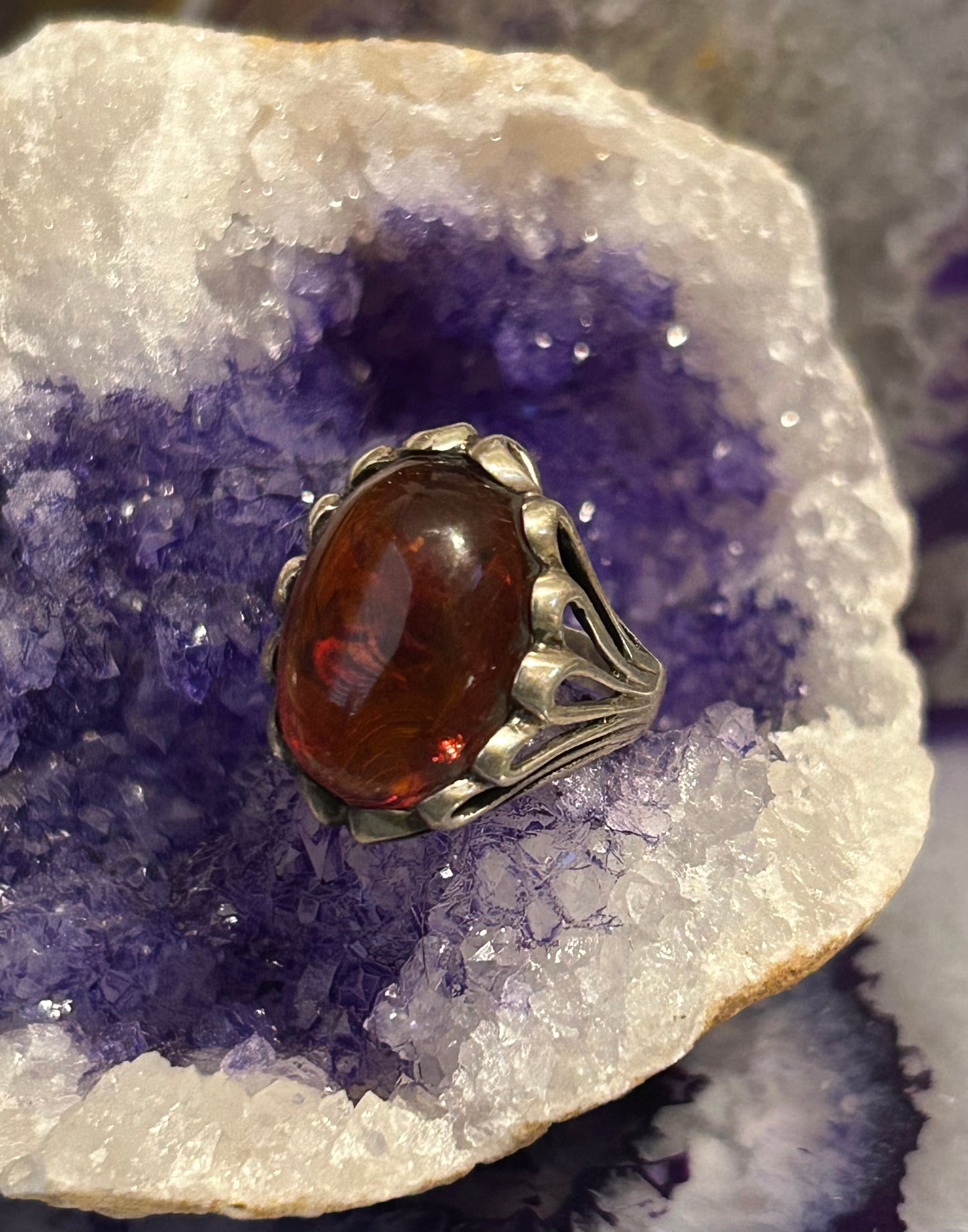 Vintage Sterling Silver Oval Baltic Amber Ring Size 5