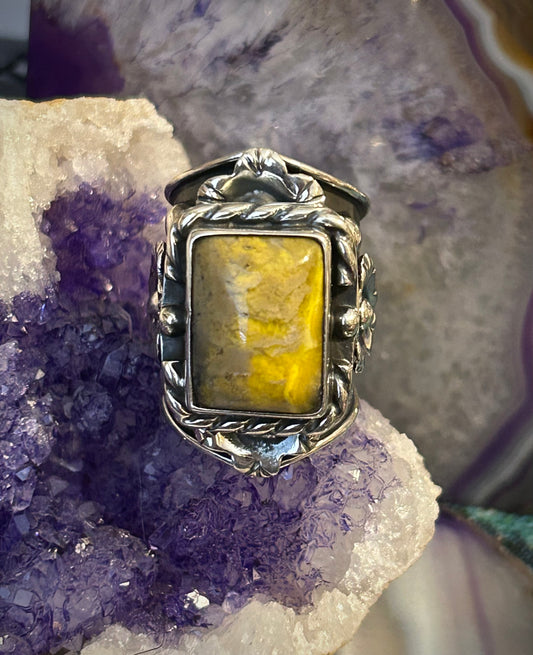 Sterling Silver Taxco Mexico Large Bumblebee Jasper & Flower Wide Ring Size 7-9