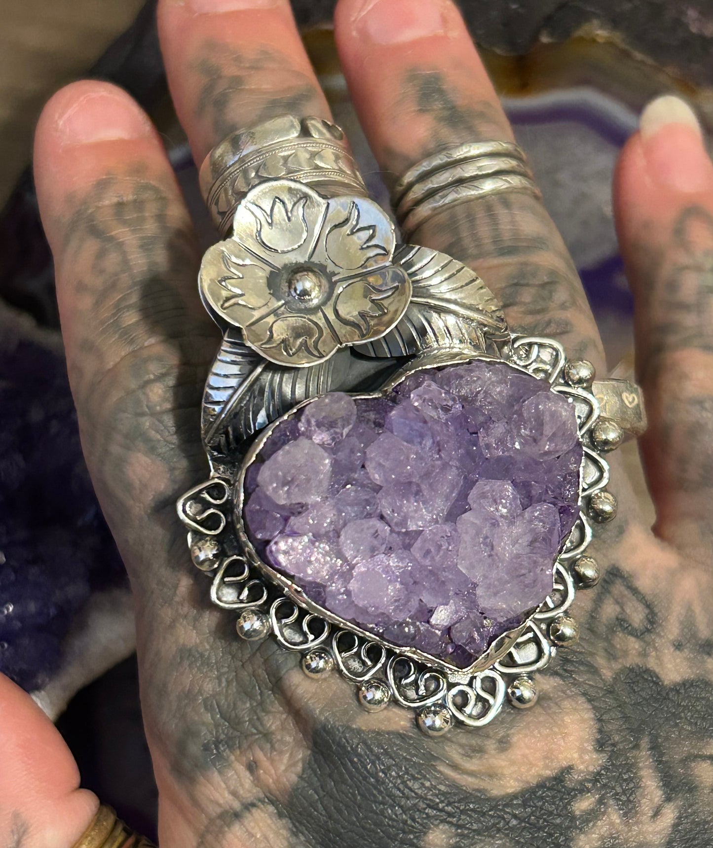 950 Silver Taxco Mexico Large Huge Amethyst Stone Heart Ring Adjustable