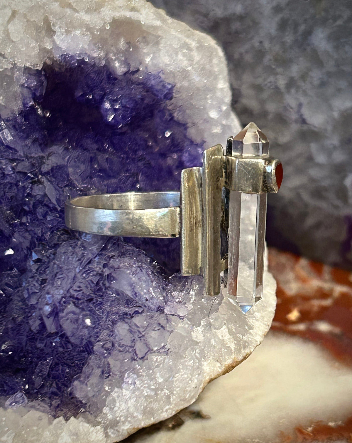 Vintage Estate Sterling Silver Crystal Point & Red Stone Ring Size 9