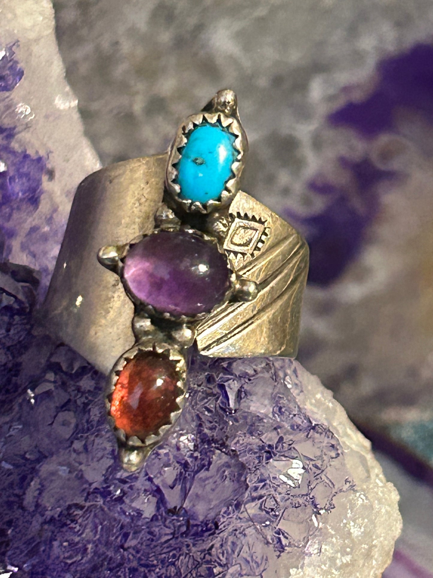 Sterling Silver Southwestern Multi-stone Turquoise, Amethyst Bypass Ring