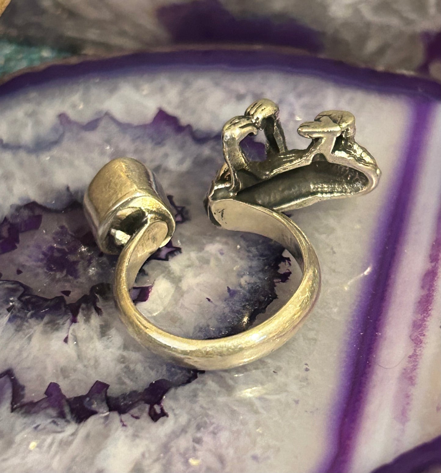 Sterling Silver Taxco Mexico Zircon Heart & Gorilla Bypass Ring Size 6.5-7.5