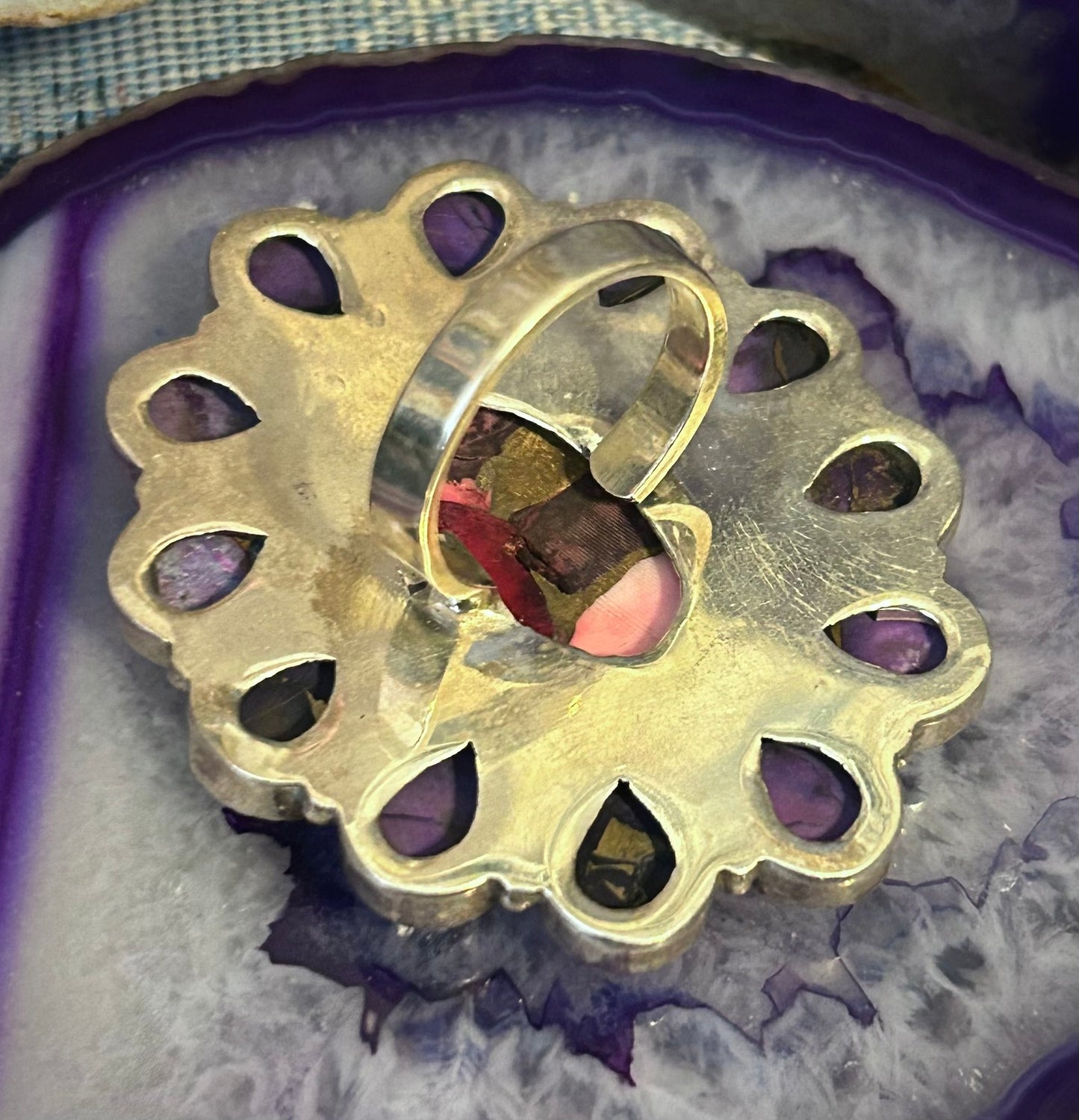 Sterling Silver Southwestern Large Rose Dahlia & Violet Dahlia Adjustable Ring