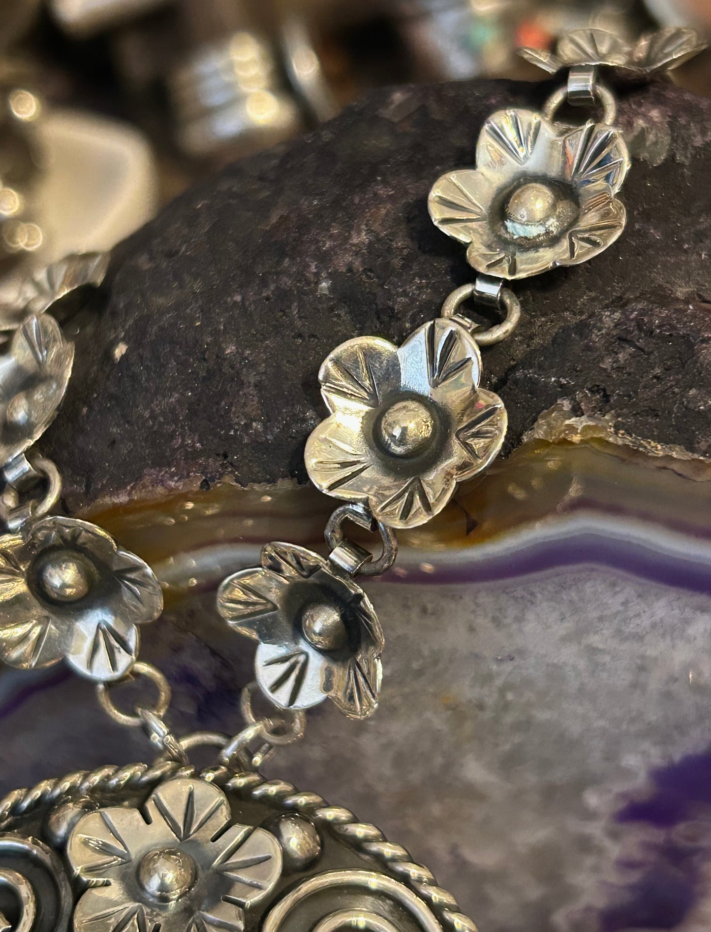 Sterling Silver Taxco Mexico Jaguar & Flowers Statement Pendant Necklace