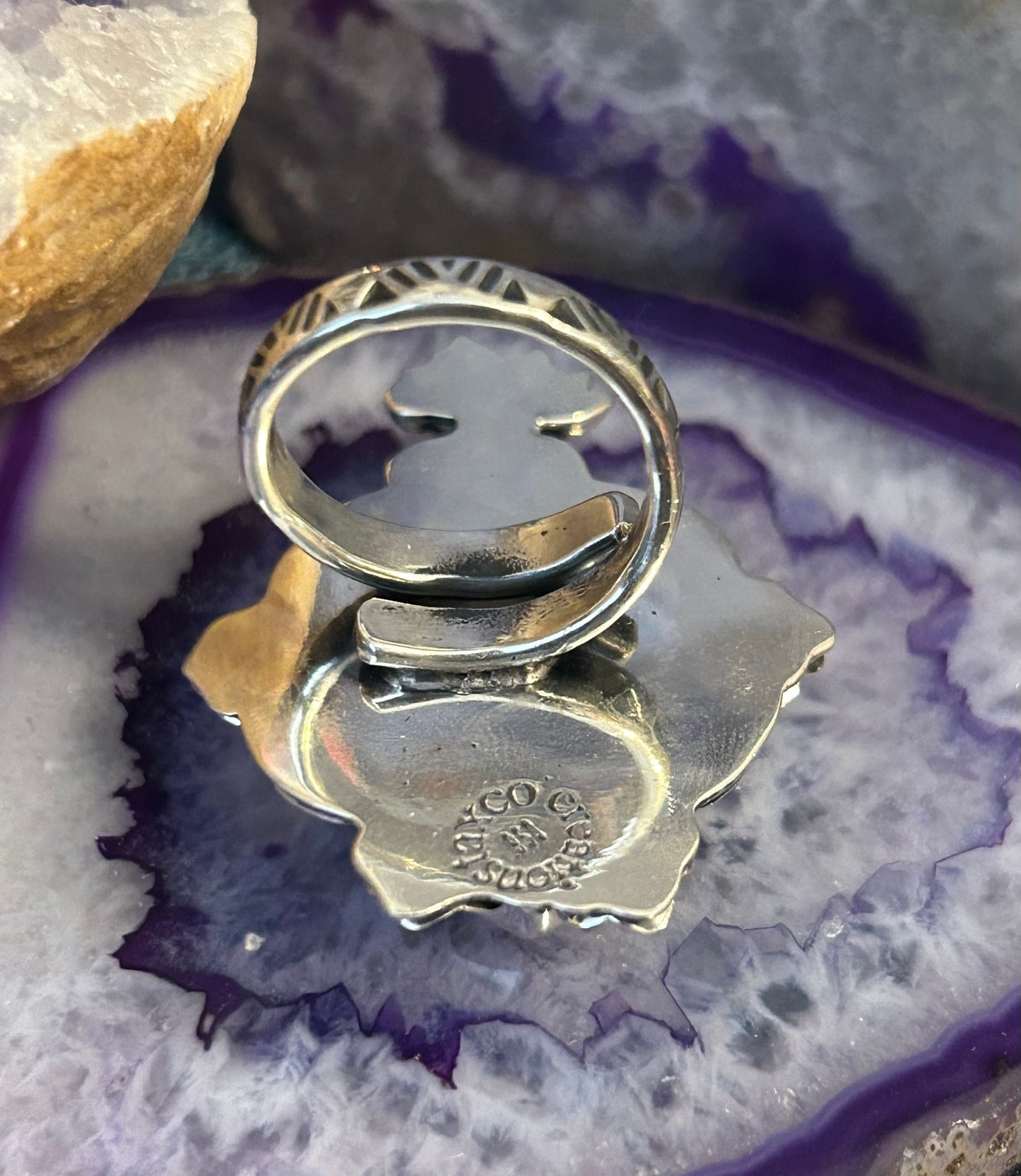 Taxco Mexico 950 Silver Red Zircon Sacred Heart & Flowers Ring Adjustable