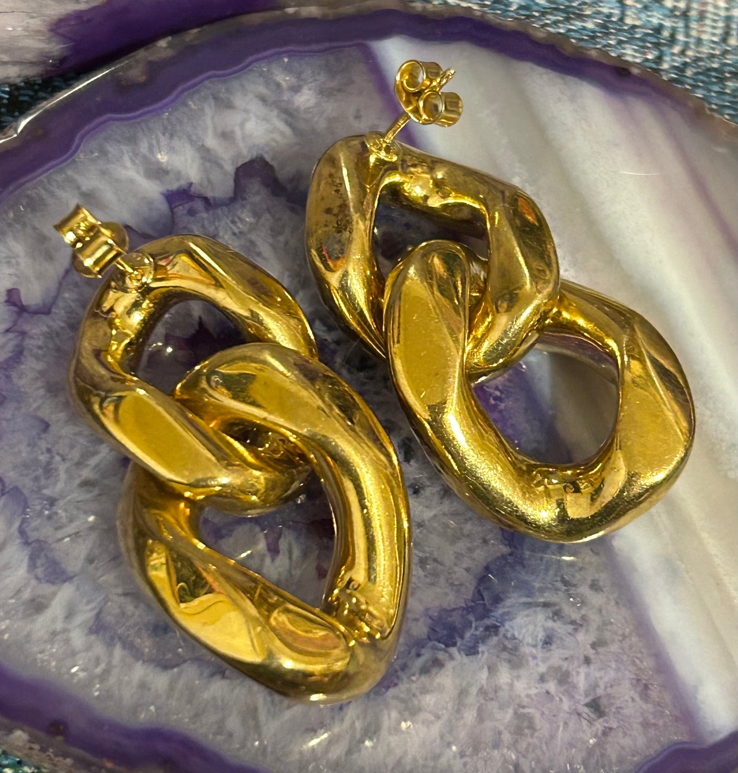 Vintage Gold Over Sterling Silver Puff Cuban Link Push Back Earrings