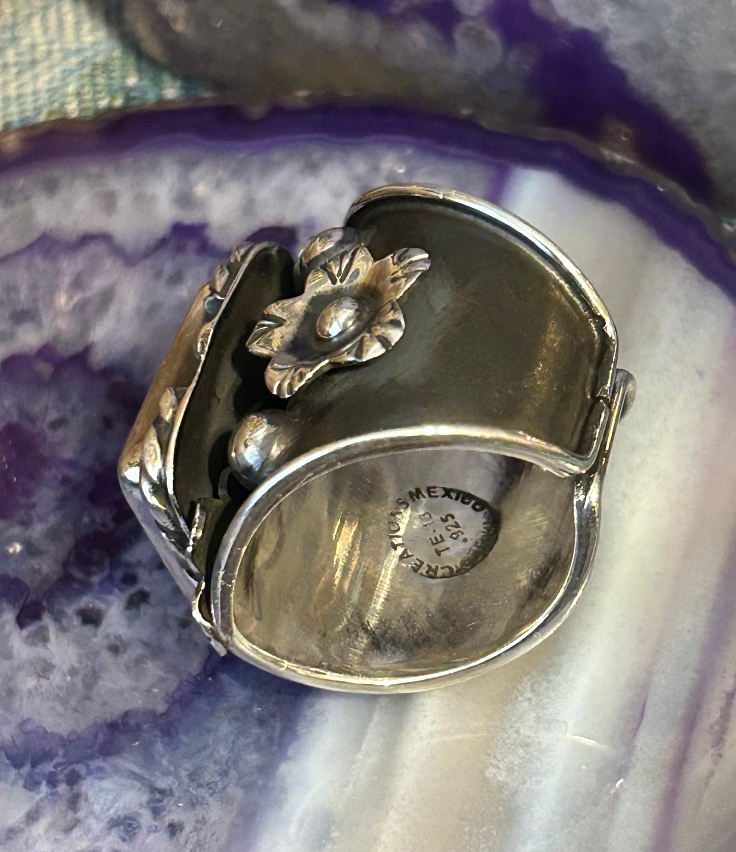 Sterling Silver Taxco Mexico Large Bumblebee Jasper & Flower Wide Ring Size 7-9