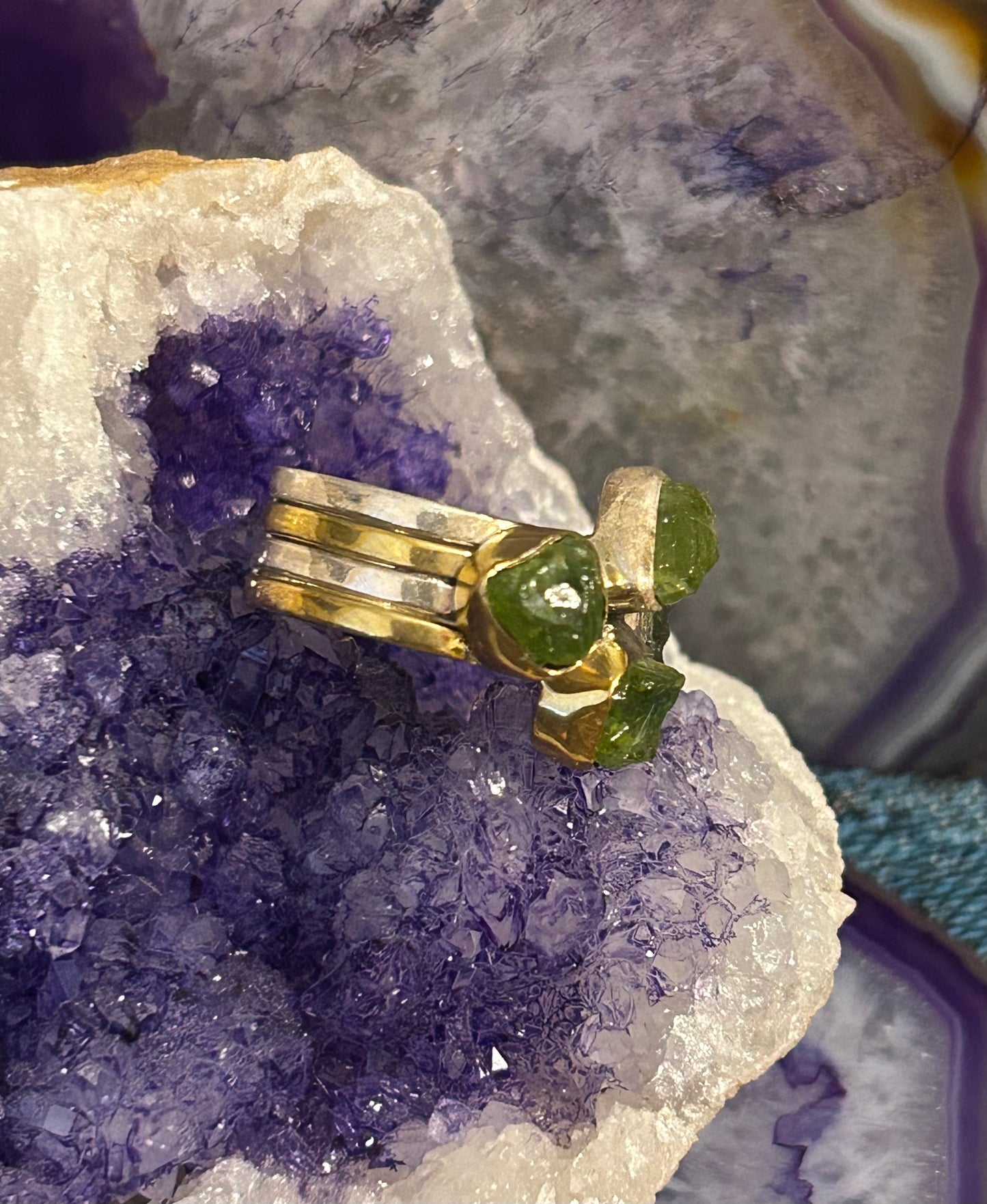 Sterling Silver Two-Tone Natural Peridot Stone Ring Size 7.5