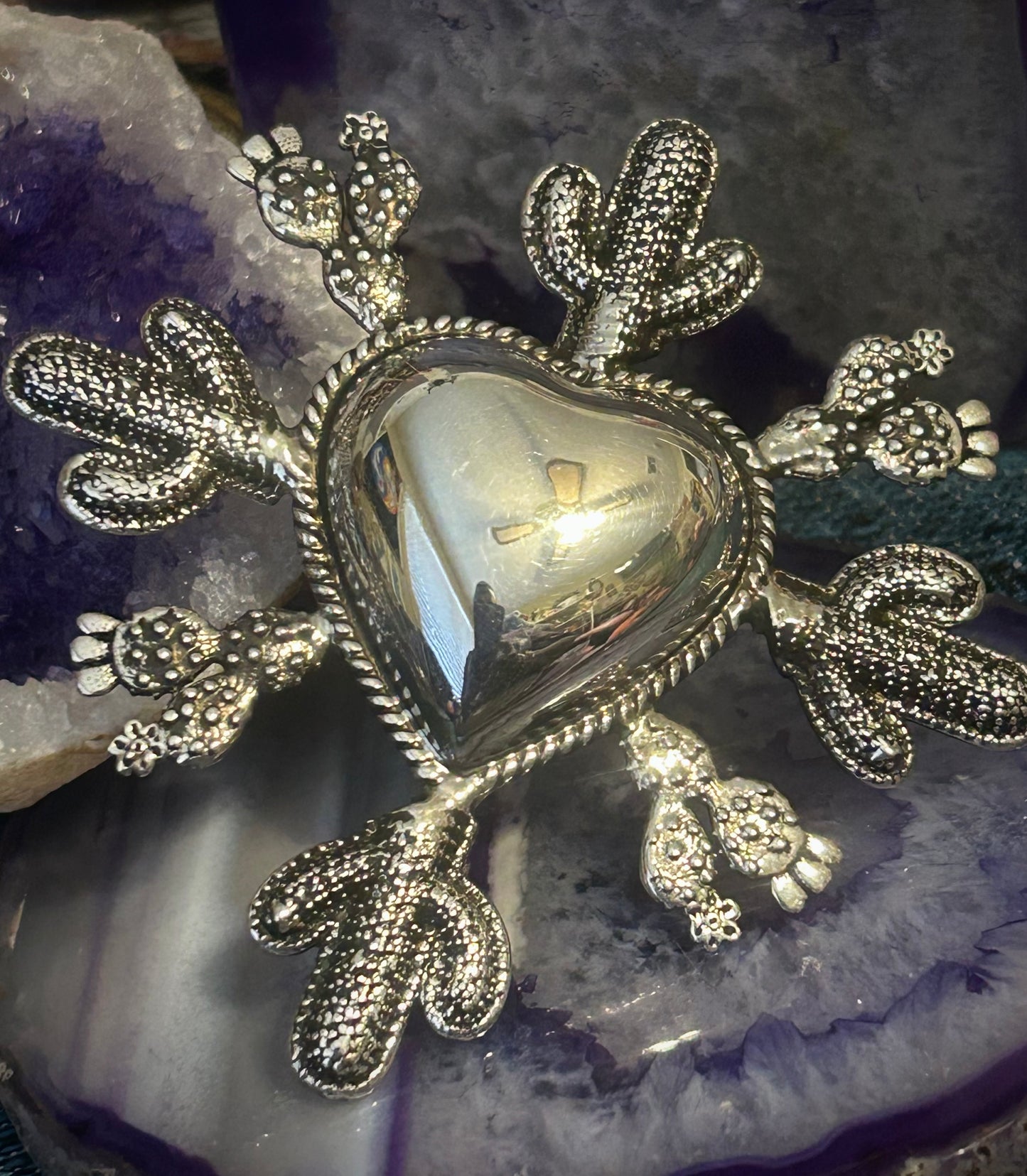 Sterling Silver Taxco Mexico Huge Statement Heart & Cactus Ring Adjustable