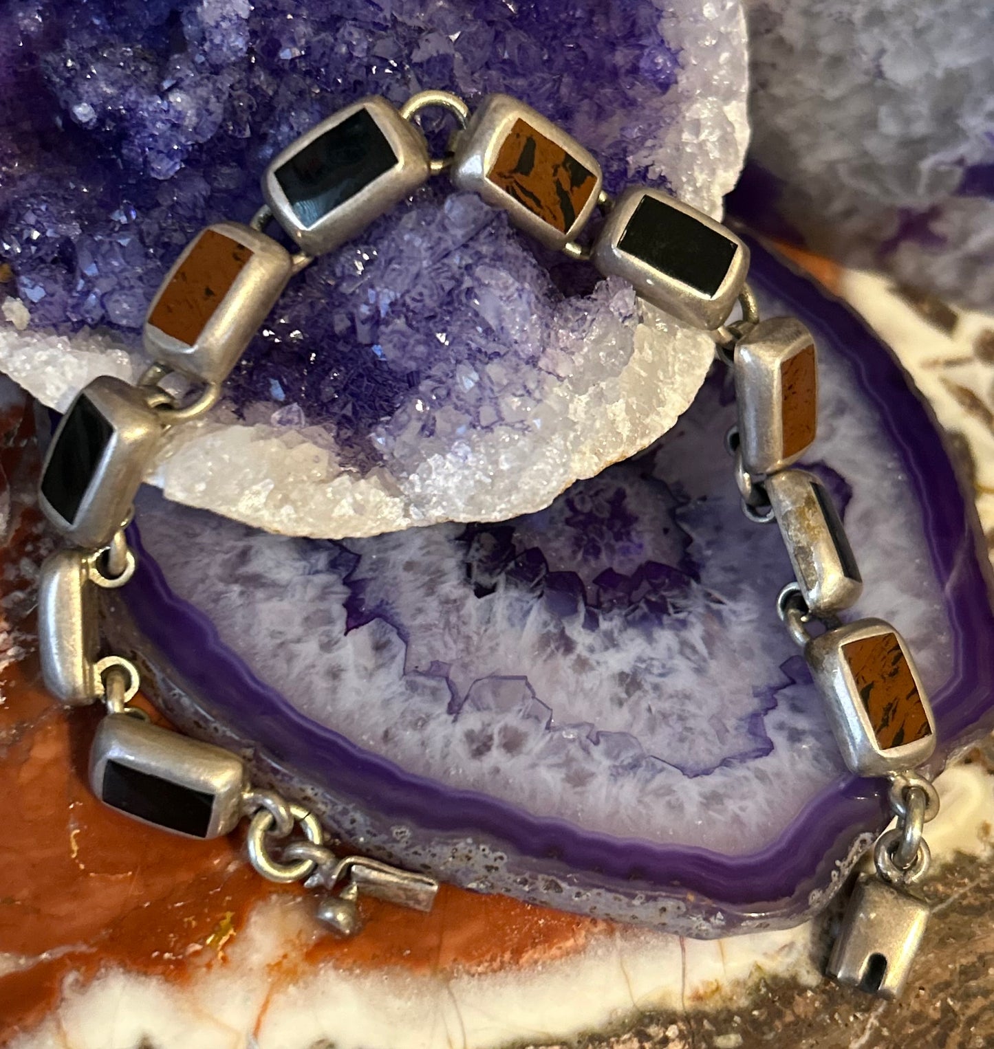 Vintage Sterling Silver Taxco Mexico Jasper, Onyx Inlay Chunky Link Bracelet