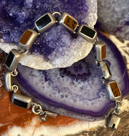 Vintage Sterling Silver Taxco Mexico Jasper, Onyx Inlay Chunky Link Bracelet