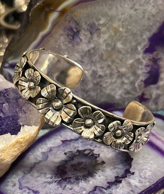 925 Sterling Silver Taxco Mexico Handmade Flower Cuff Bracelet