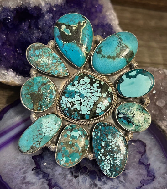 Sterling Silver & Natural Hubei Turquoise Large Multi-Stone Statement Ring Adjustable