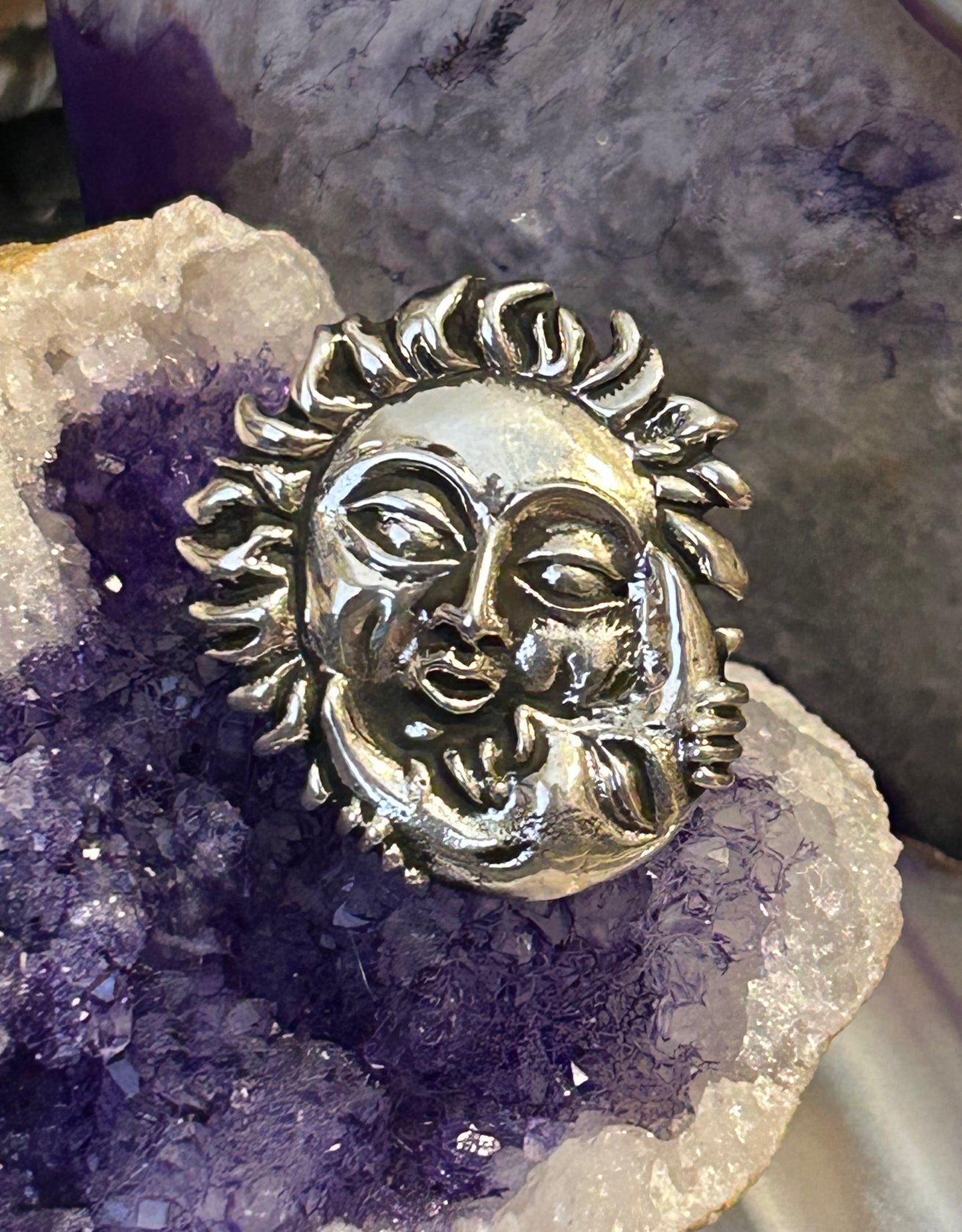 Sterling Silver Taxco Mexico Sun Holding Moon Celestial Adjustable Ring