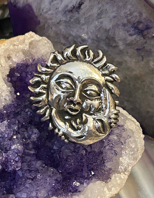 Sterling Silver Taxco Mexico Sun Holding Moon Celestial Adjustable Ring
