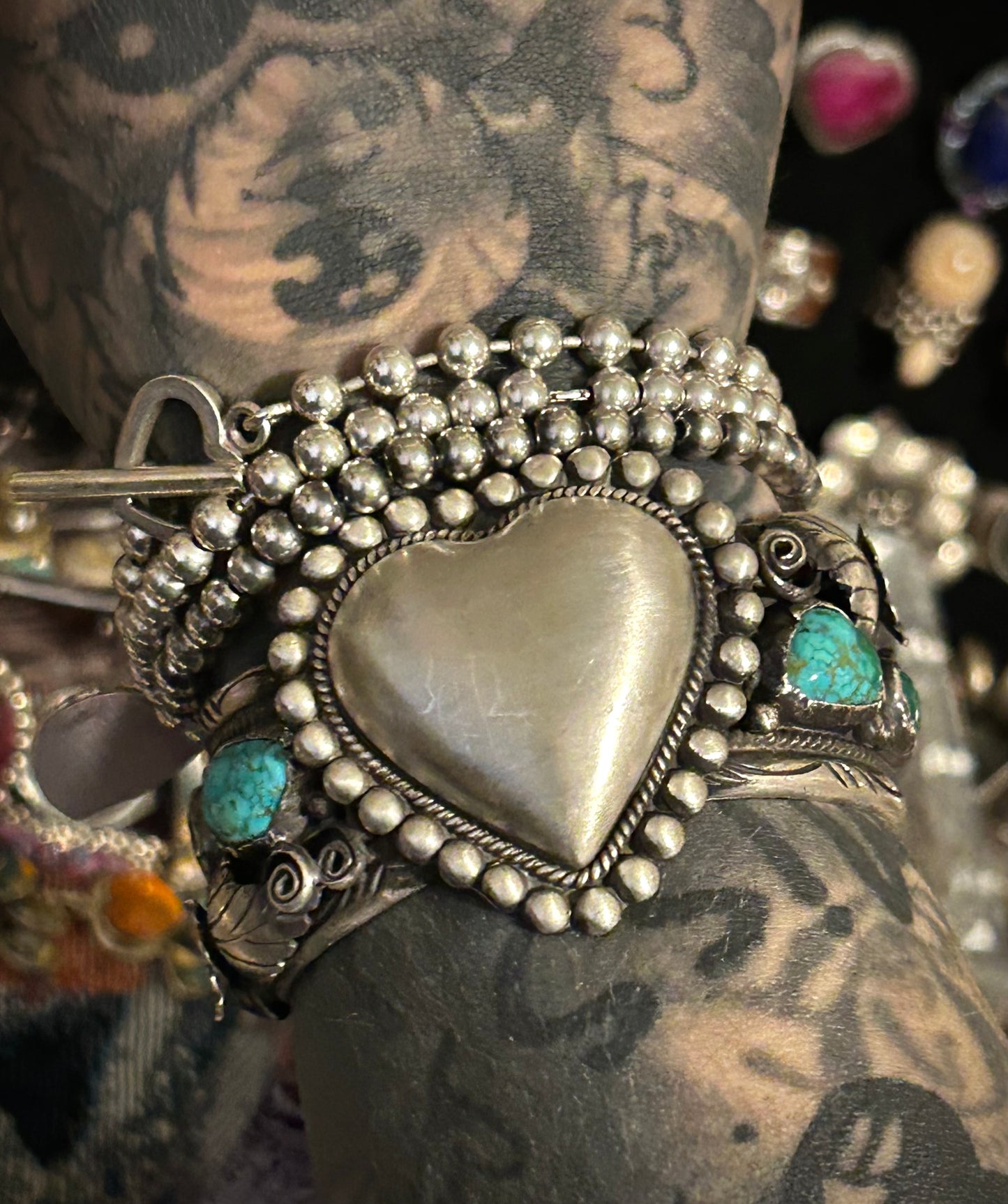 GuzFurbished Sterling Silver Heart & Turquoise Cuff Bracelet