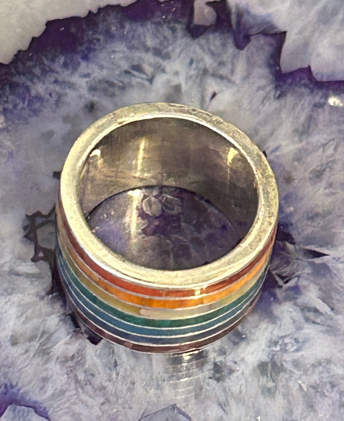 Sterling Silver Rainbow Color Stone Inlay Thick Wide Band Ring Size 4