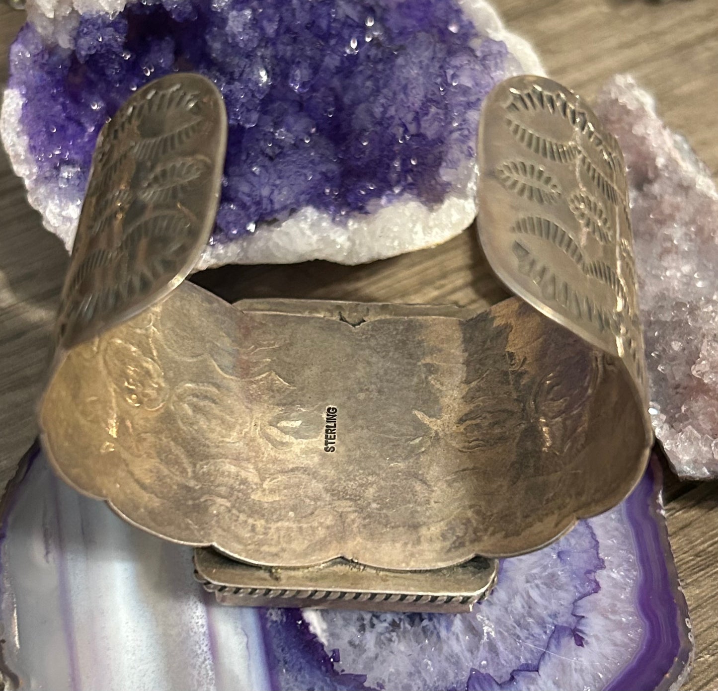 Sterling Silver & Charoite Southwestern Large Stamp Work Cuff