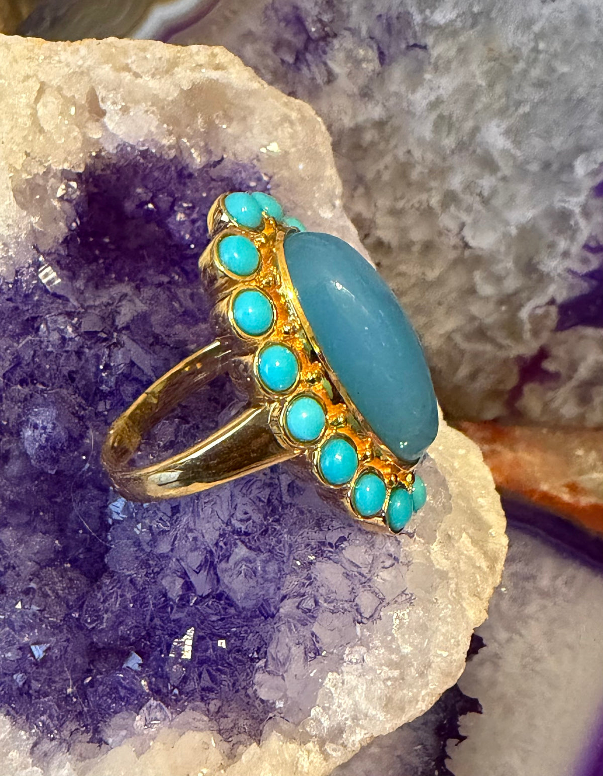 Gold Over Sterling Silver Blue Calcedony & Sonora turquoise Ring Size 7.5
