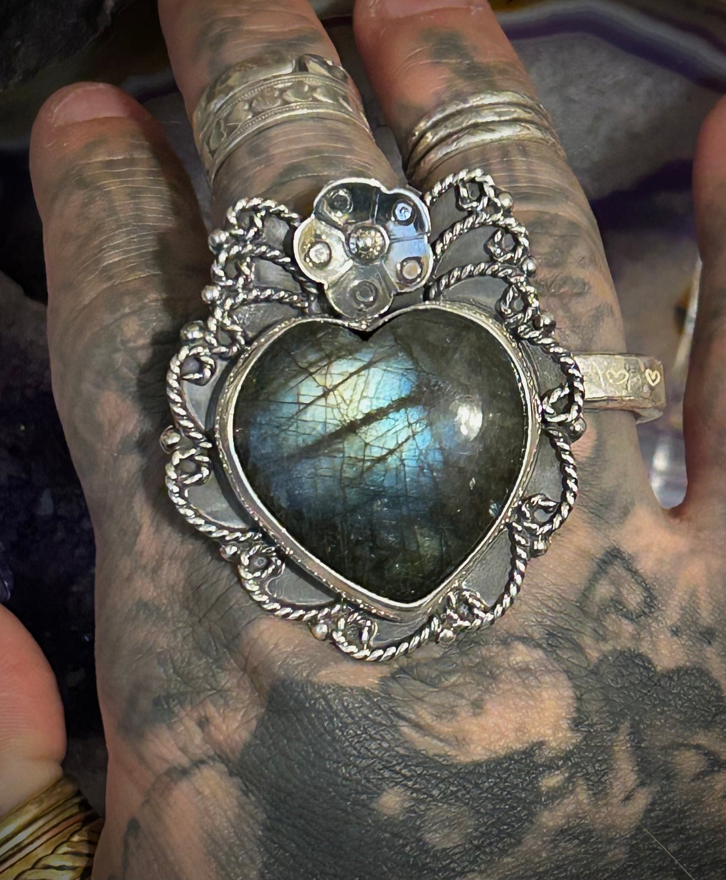 Sterling Silver Taxco Large Labradorite Stone Heart Ring Adjustable