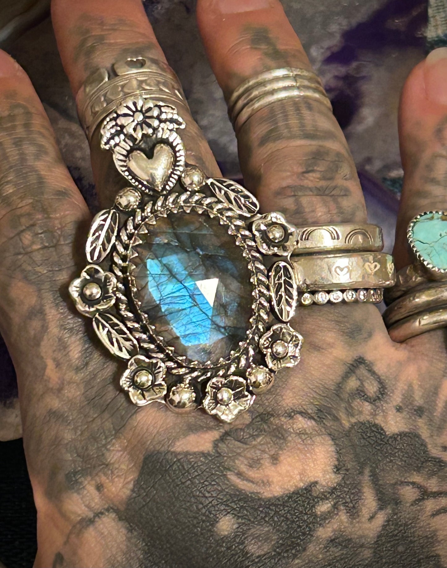 Sterling Silver Taxco Mexico Large Labradorite Flowers & Heart Statement Ring Adjustable