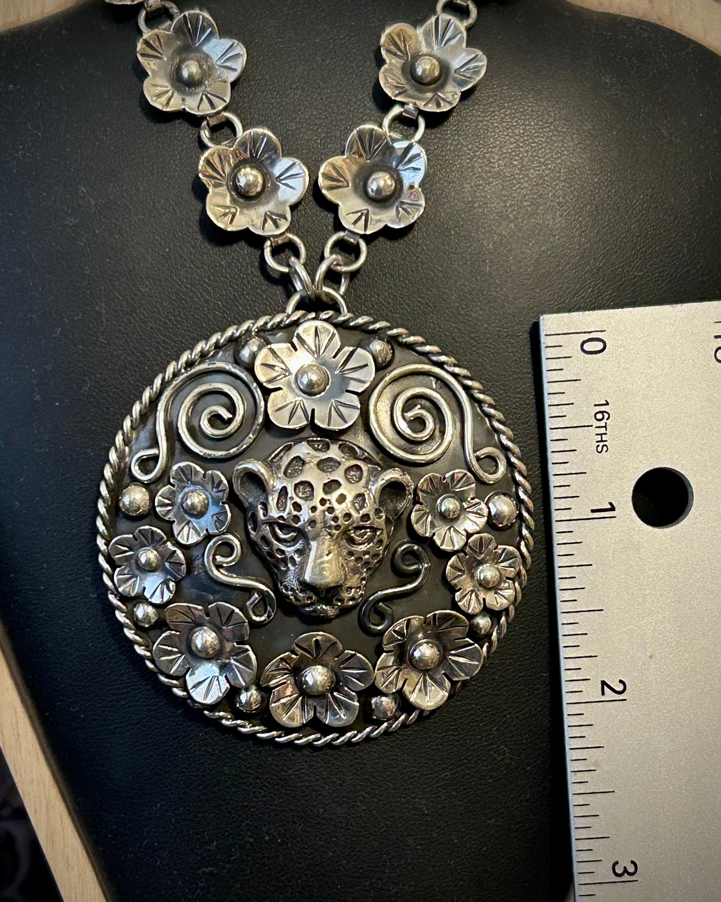 Sterling Silver Taxco Mexico Jaguar & Flowers Statement Pendant Necklace