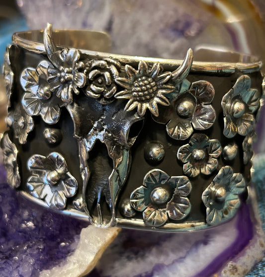 Taxco Mexico Sterling Silver Flower & Bull Skull Statement Cuff Bracelet
