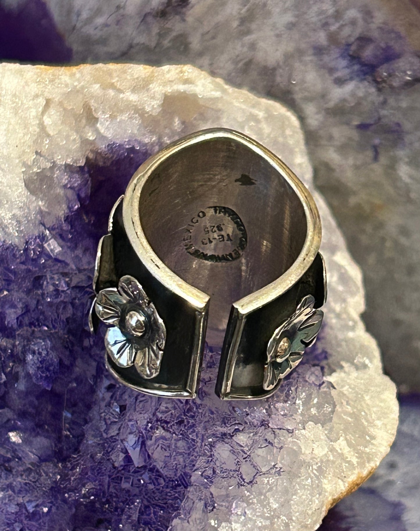 Sterling Silver Taxco Mexico Wide Flowers And Balls Ring Size 5-7