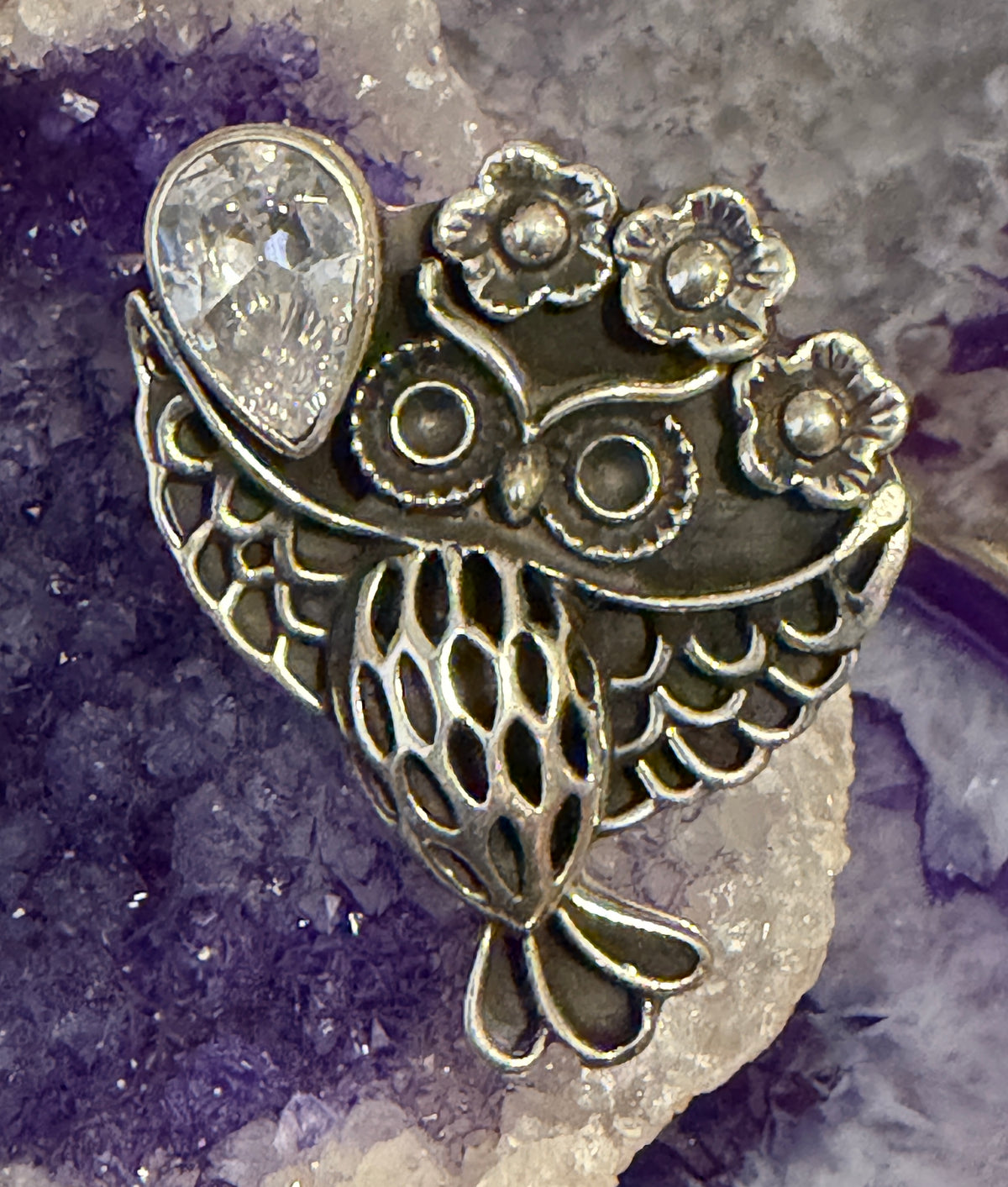 Sterling Silver Modern Taxco Mexico Owl Ring w/ Zircon Stone Ring