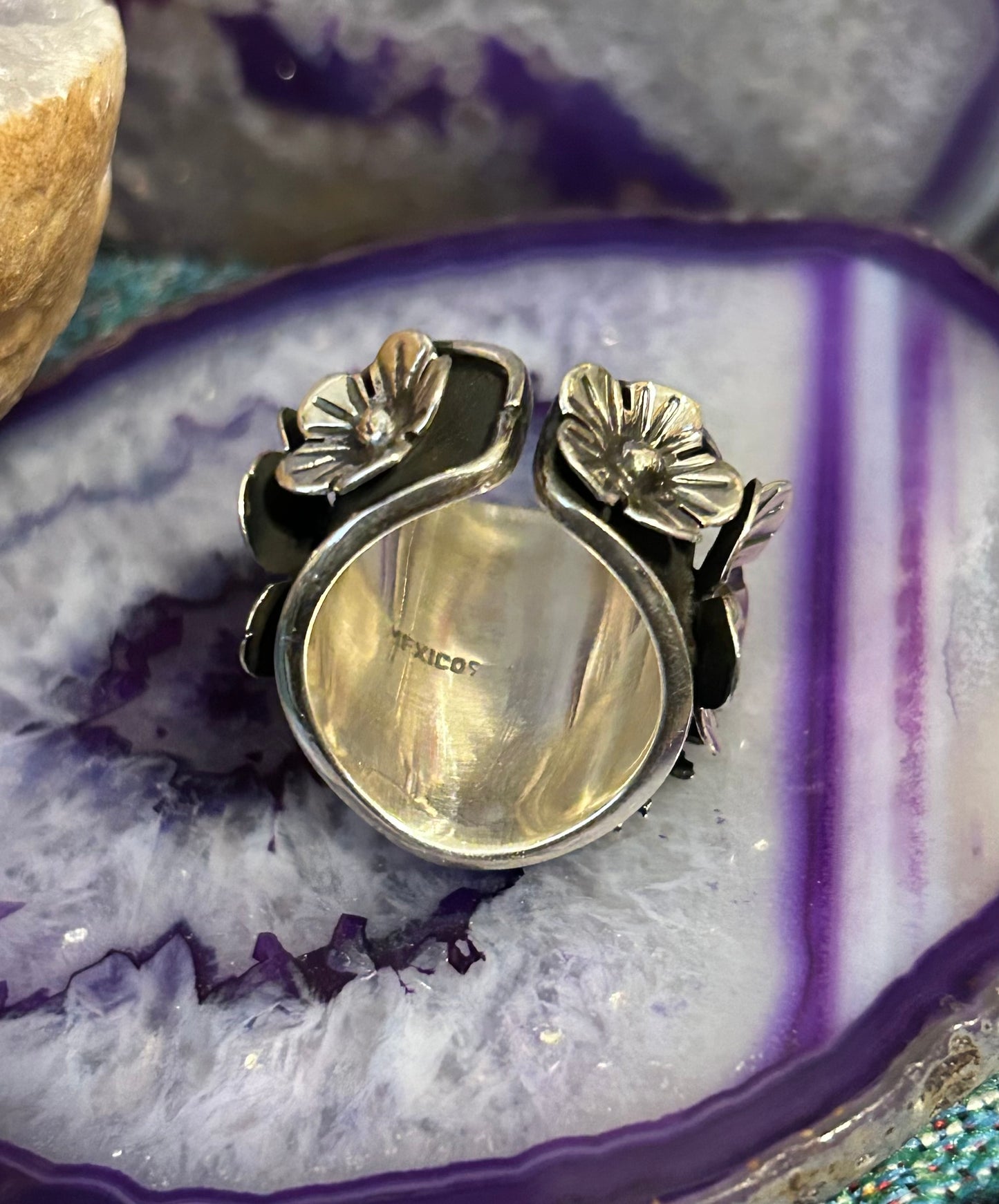 Taxco Mexico Sterling Silver Sacred Heart & Flowers Statement Ring Size 7-9