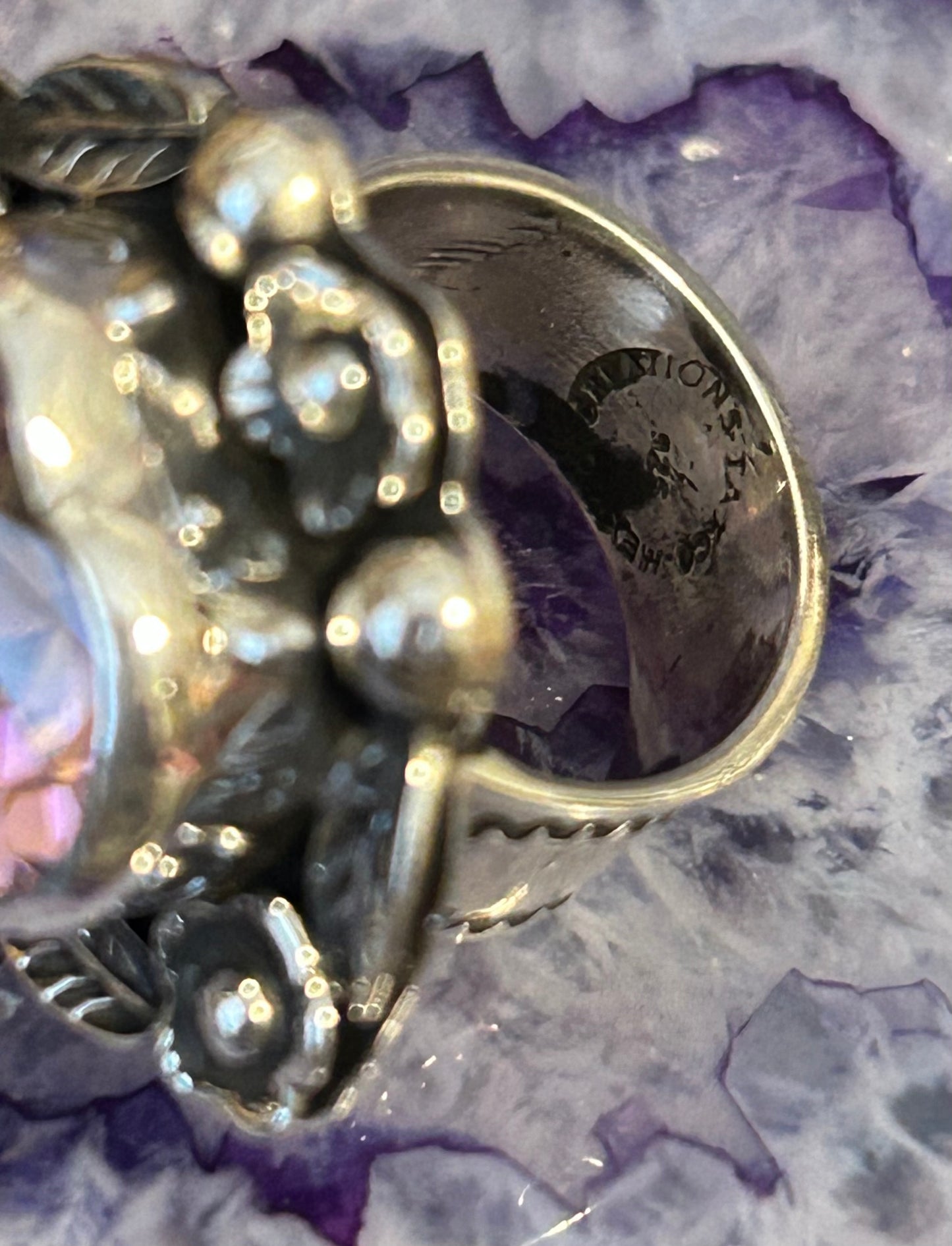 Taxco Mexico Sterling Silver Large Pink Zircon Heart & Flowers Ring Adjustable
