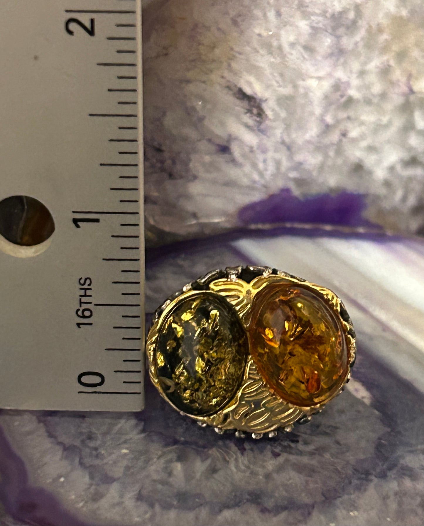 Sterling Silver Baltic Amber Two Stone w/ Gold Over • Size 9