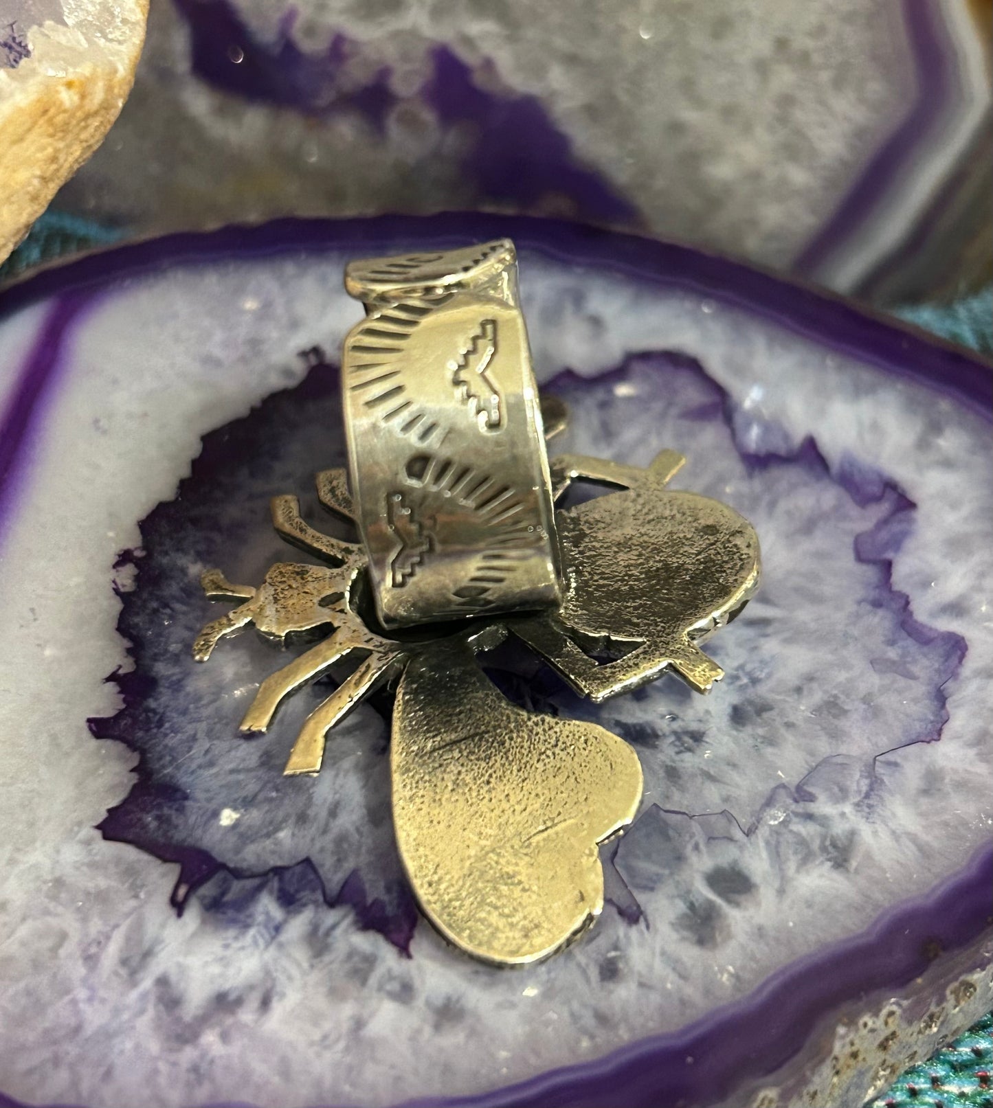 Sterling Silver Taxco Mexico Bee Insect Ring With Turquoise • Adjustable Size 7-9