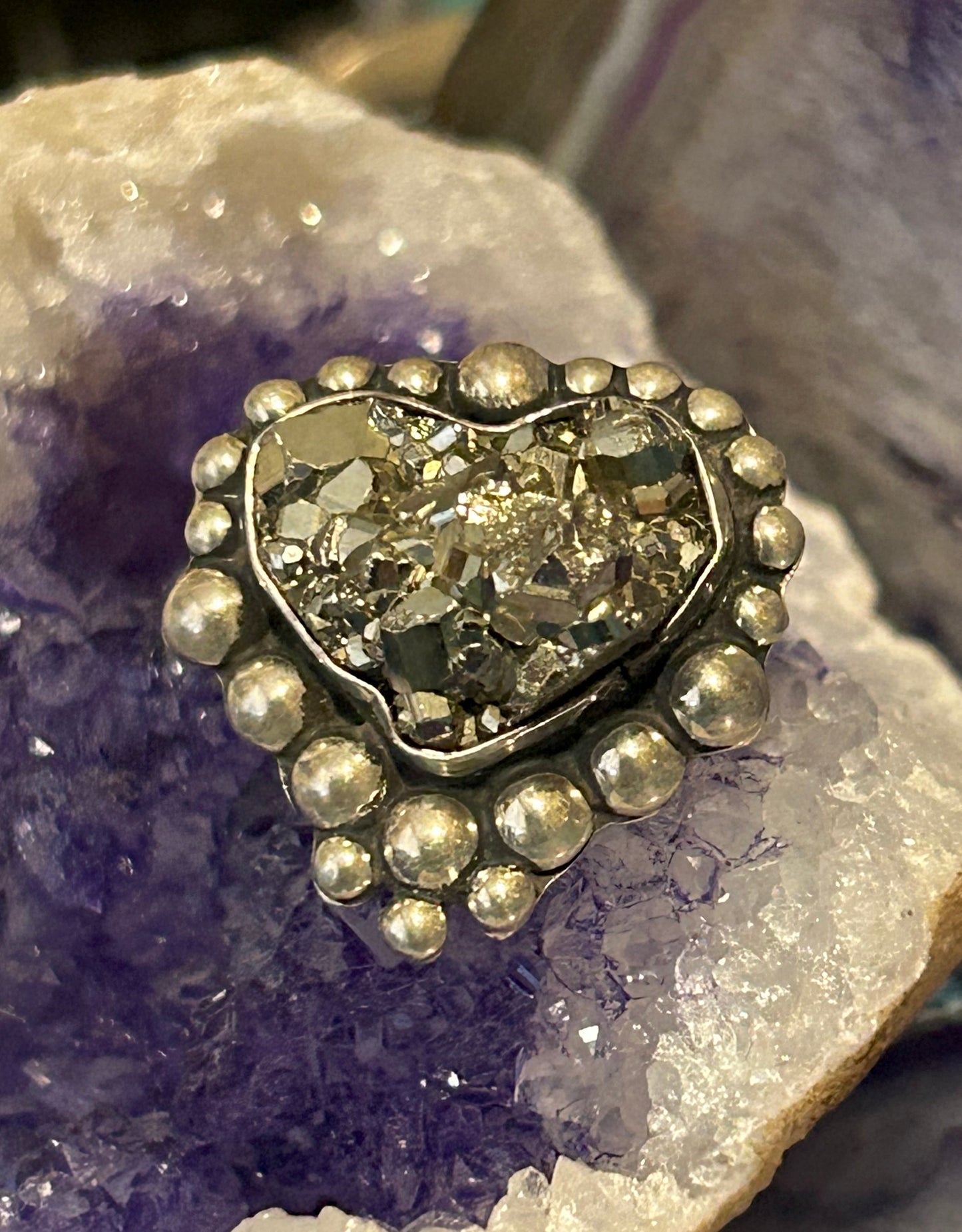 Sterling Silver Modern Taxco Mexico Pyrite Heart w/ Balls Adjustable Ring
