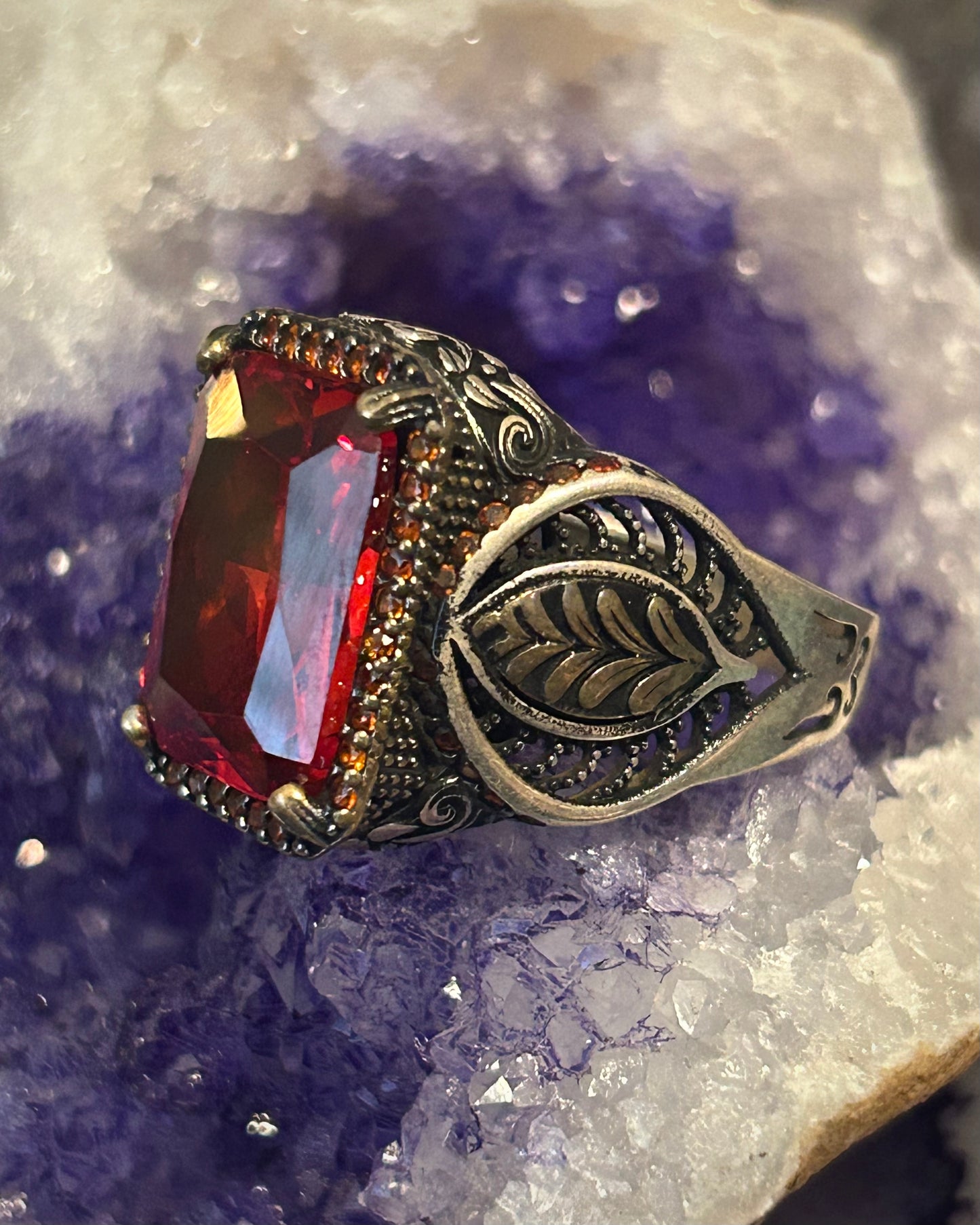 Sterling Silver Chunky Signet Style Vibrant Red Stone Turkish Ring Size 11.5