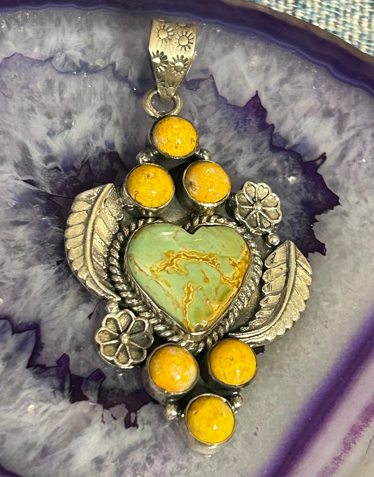 Sterling Silver Southwestern Turquoise & Bumblebee Jasper Heart Pendant
