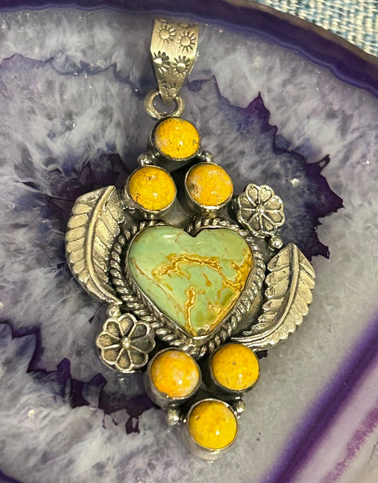 Sterling Silver Southwestern Turquoise & Bumblebee Jasper Heart Pendant