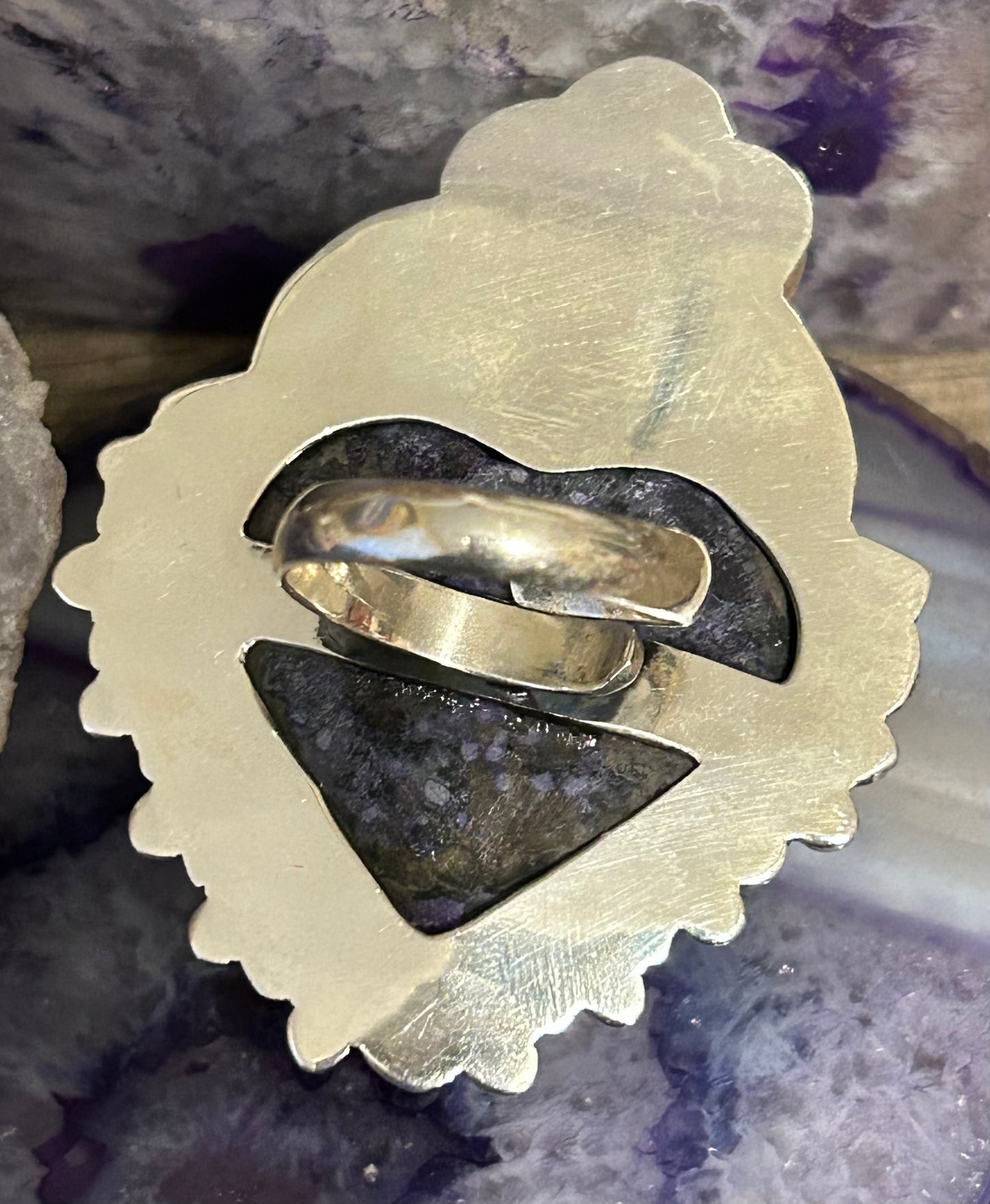 950 Silver Taxco Mexico Large Huge Amethyst Stone Heart Ring Adjustable