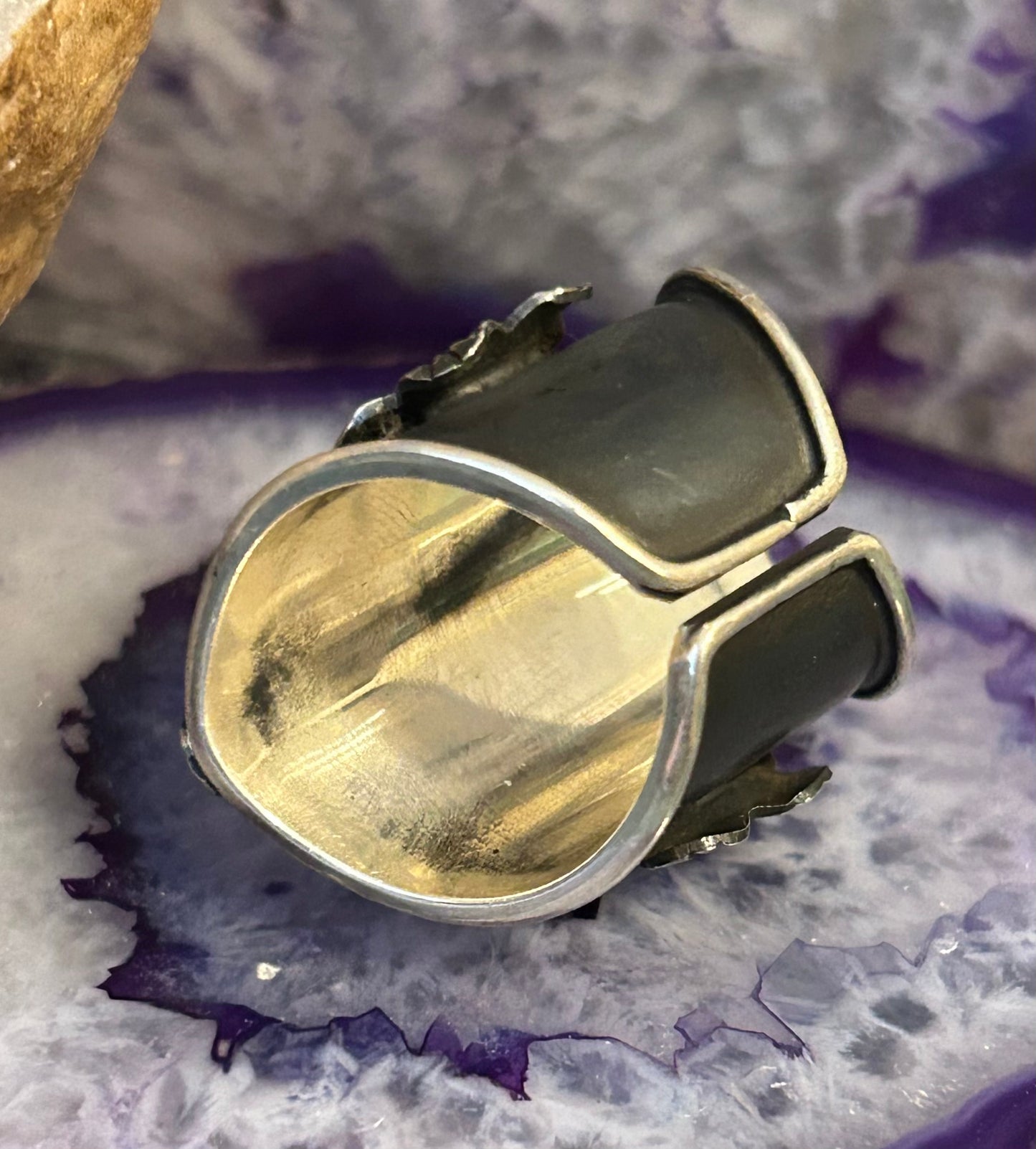 Sterling Silver Taxco Mexico Spiny Oyster & Flowers Wide Band Statement Sz 7-9