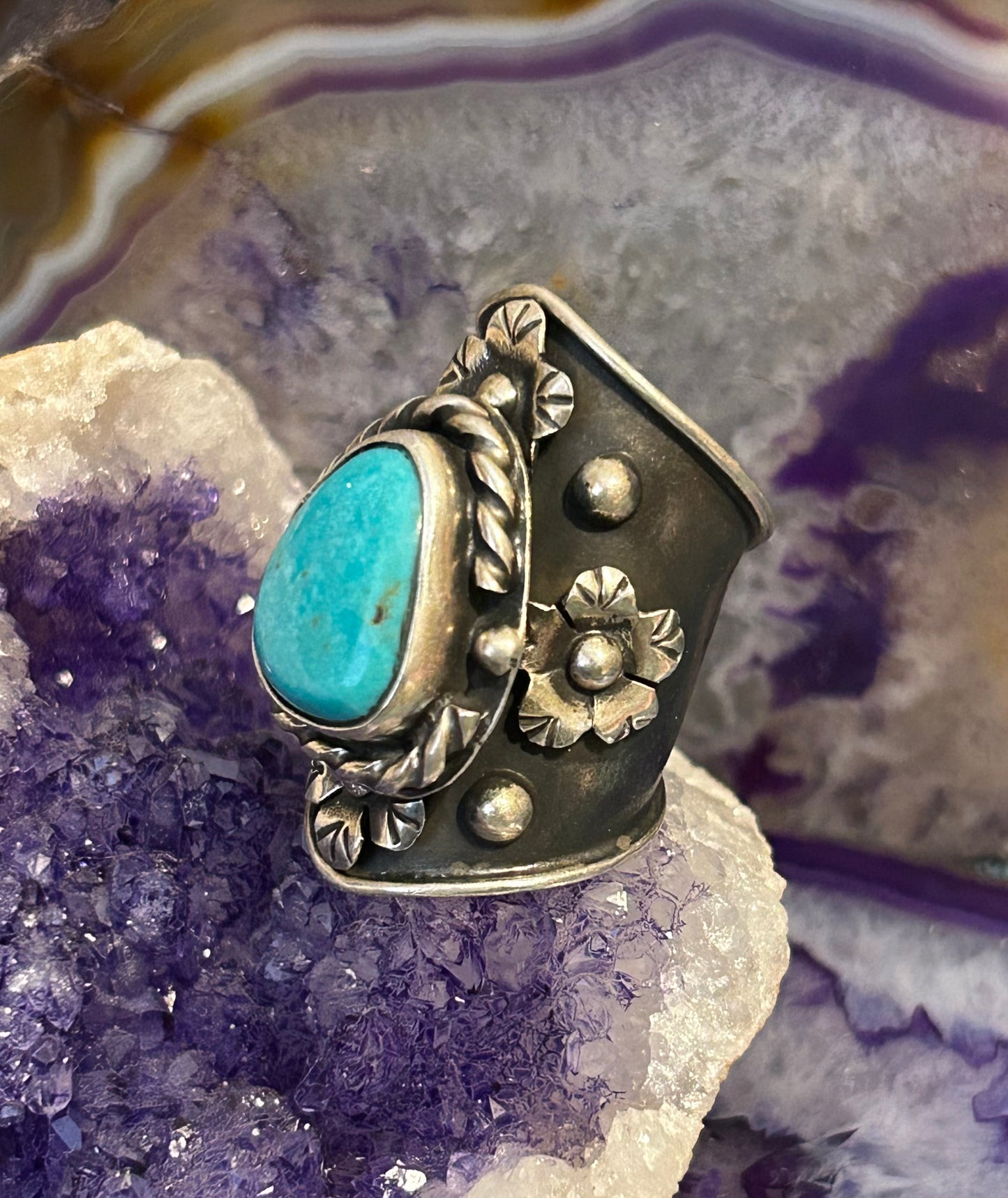 Sterling Silver Taxco Mexico Turquoise & Flowers Wide Band Statement Ring Sz 7