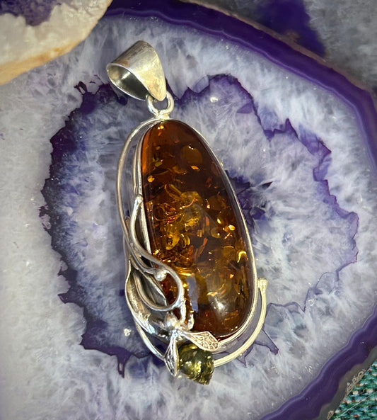 Sterling Silver And Natural Baltic Amber Pendant W/ Fly Insect