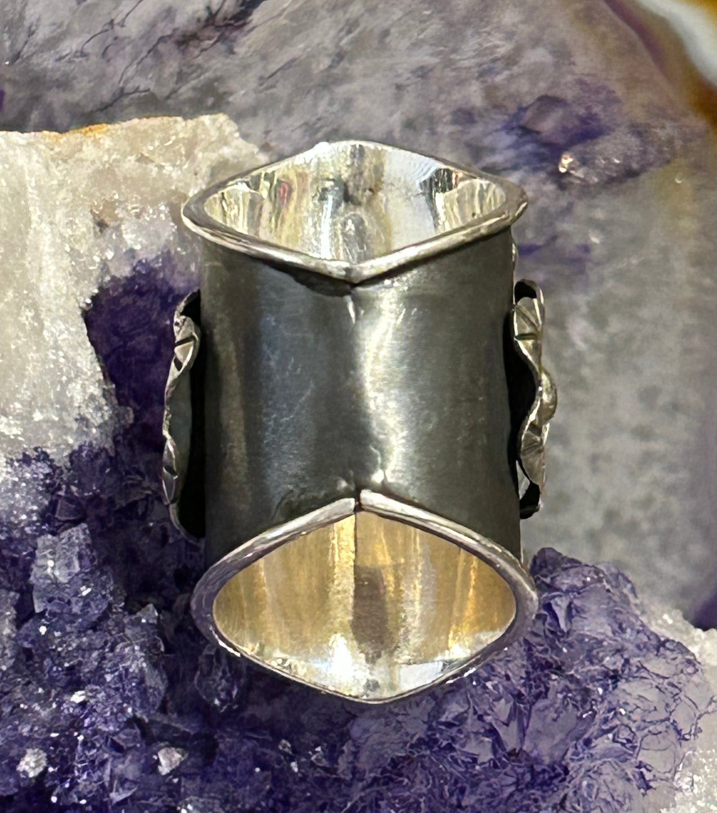 Sterling Silver Taxco Amethyst & Floral Statement Wide Band Ring • Size 7