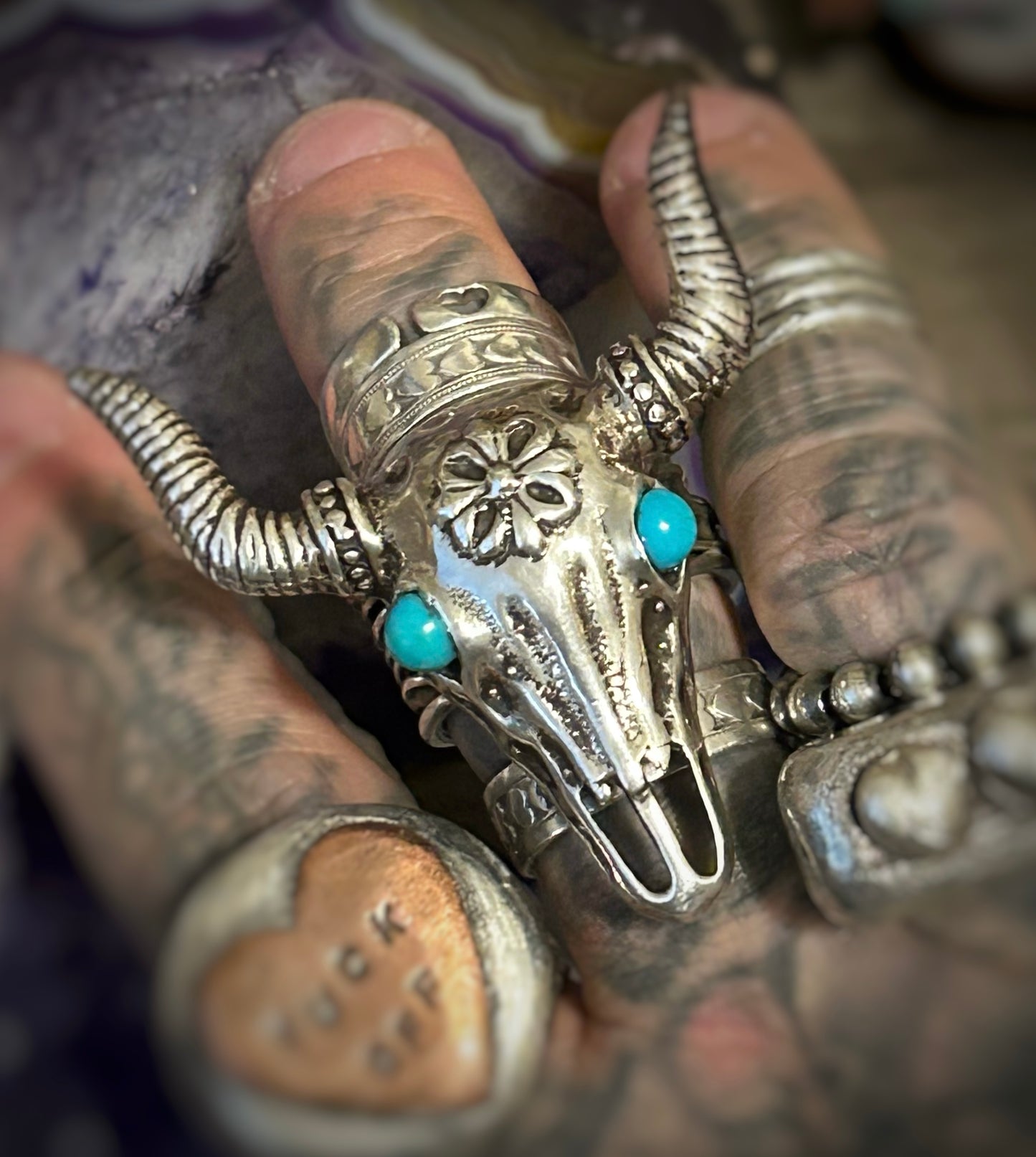 Sterling Silver Taxco Bull Skull Ring With Turquoise Size 9