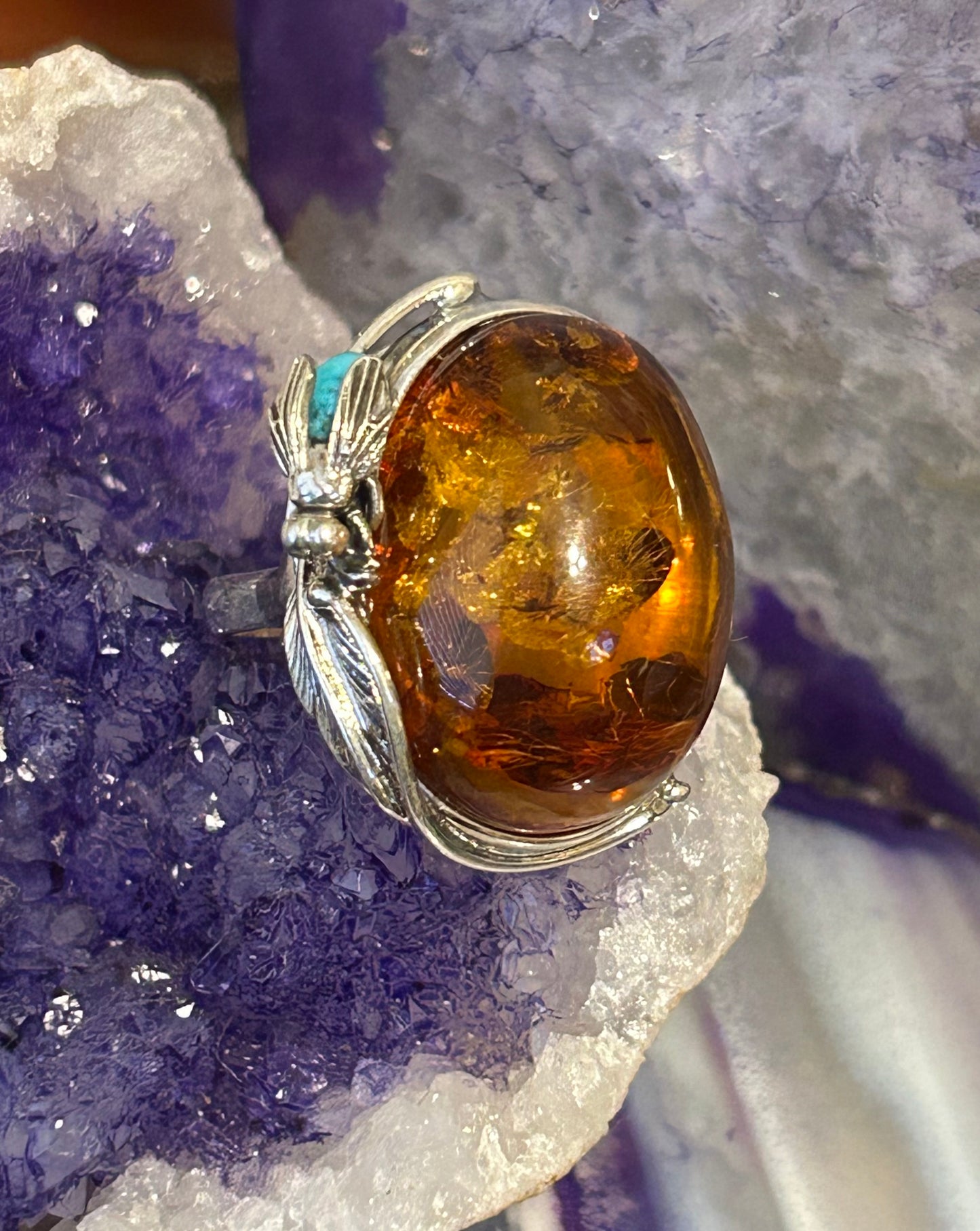 Sterling Silver w/ Large Natural Amber Stone & Turquoise Fly Ring Adjustable