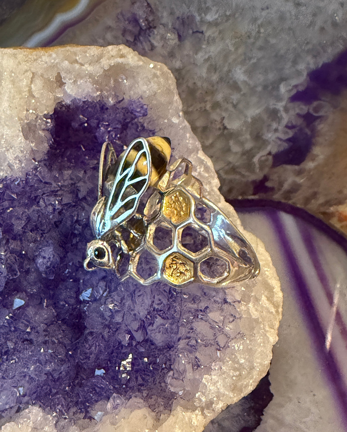 Sterling Silver & Genuine Amber Medium 3D Bee Adjustable Ring