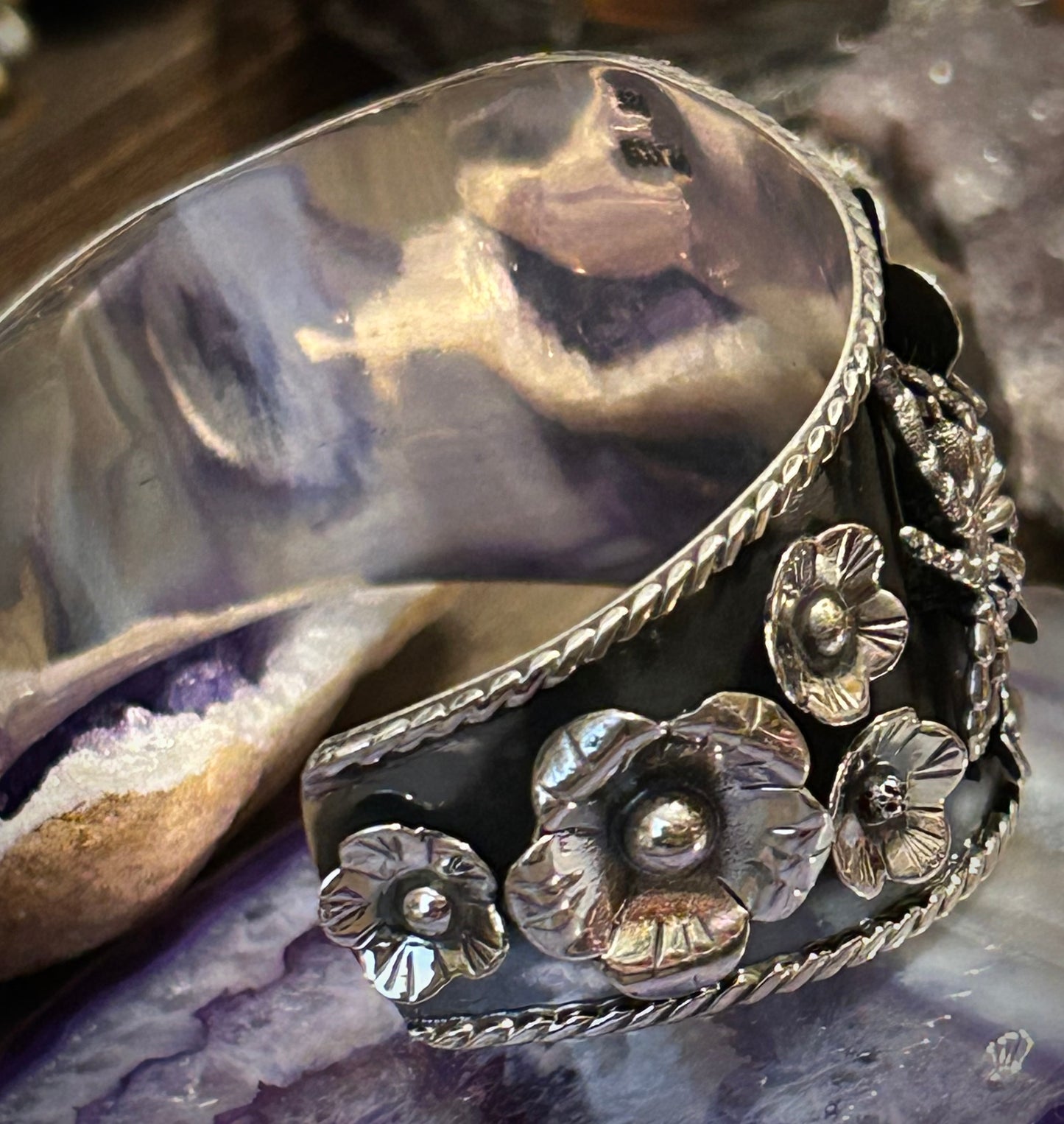 Sterling Silver Taxco Mexico Spider & Flower Cuff Bracelet