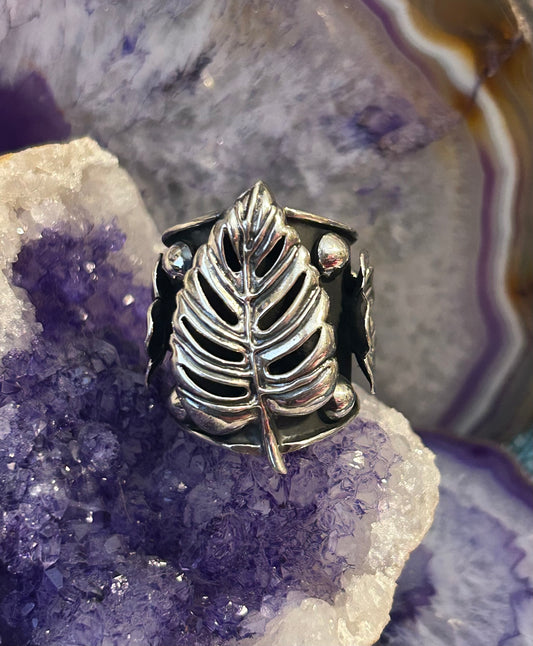 Taxco Mexico 950 Silver Monstera Leaf & Flowers Statement Ring Size 7-9